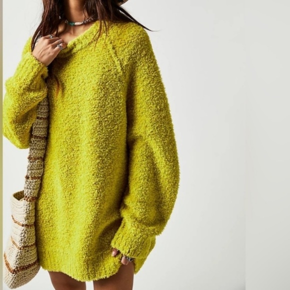 Free People Sweaters - Free People Teddy Sweater Tunic Fuzzy Wool Blend Relaxed Pullover Green Sz Small
